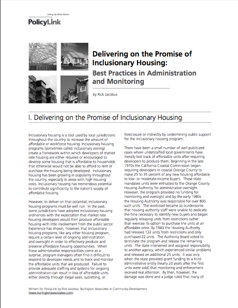 Best Practices in Inclusionary Housing